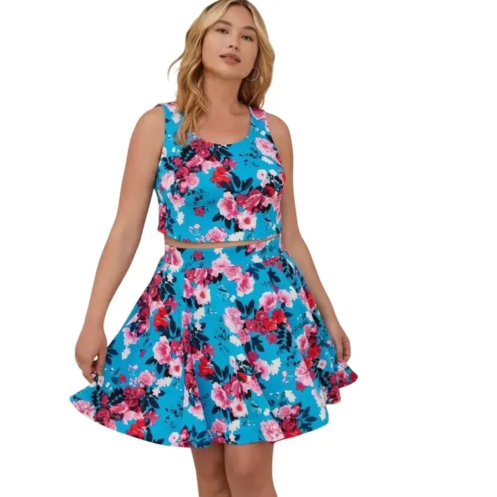 TORRID Mini Scuba Skater Set Women's Plus Size 2 Top Skirt $76 Floral Blue 2X - Picture 8 of 11